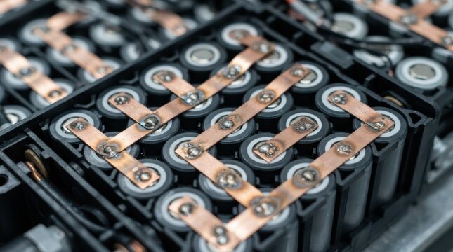 Macro closeup of lithium-ion battery pack module featuring laser welded copper busbars across cell terminals in polymer casing.