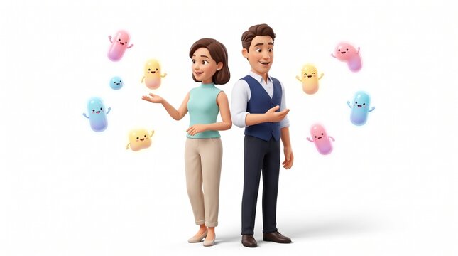 Man and woman surrounded by friendly glowing gut bacteria illustrating microbiota balance