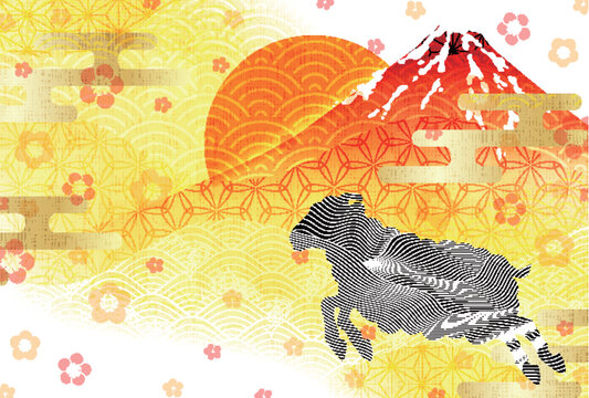 富士山と梅の花をあしらった和風デザインの装飾素材