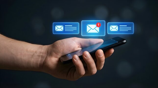 Close up of person hand holding a smartphone with floating digital email notification icons and incoming message badge, representing mobile communication and digital marketing on dark background.