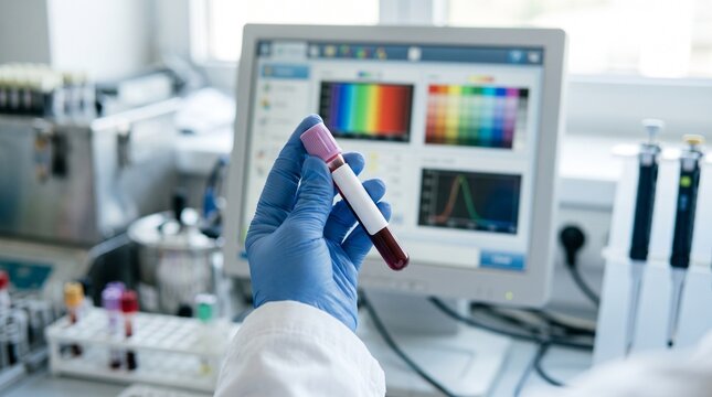 Scientist holding blood sample tube in medical laboratory
