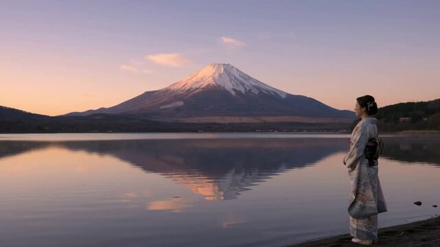 Woman wearing yukata viewing Mount Fuji reflection in calm lake