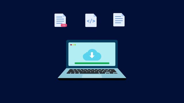 Flat vector illustration of a laptop computer with cloud download icon and progress bar on screen and document files floating above on dark blue background, depicting cloud computing, file downloading