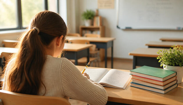 Student seen from behind writing in a notebook at a classroom desk with textbooks, learning and education