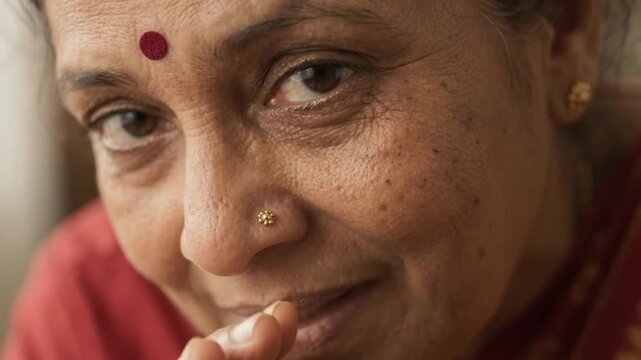Close up of indian aunties with traditional bindi and warm smile