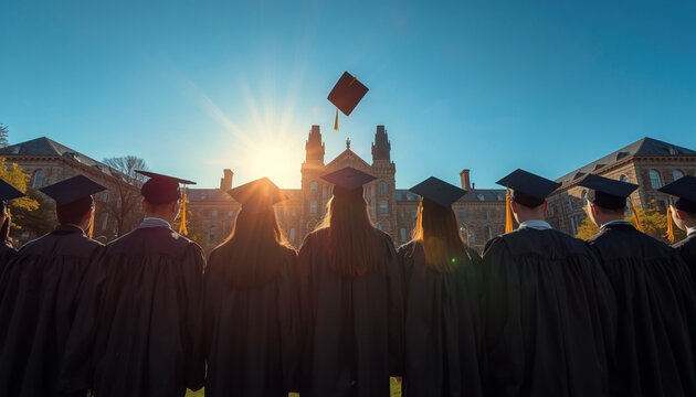 Graduates in black gowns and caps on a sunlit university lawn, one cap thrown in the air, graduation day