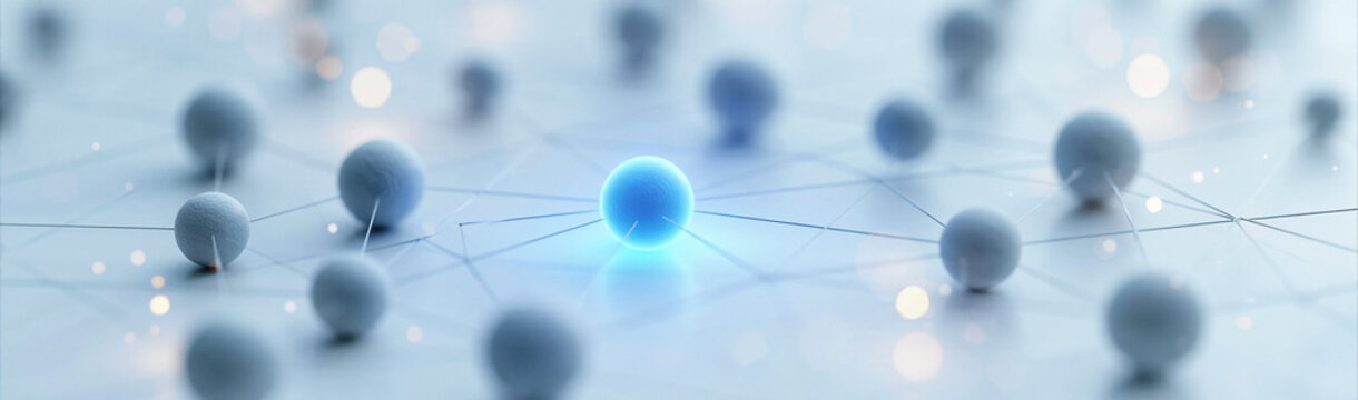 Network Node Connection: A glowing blue sphere connects to a network of gray spheres on a light blue grid, symbolizing data flow and digital connectivity.