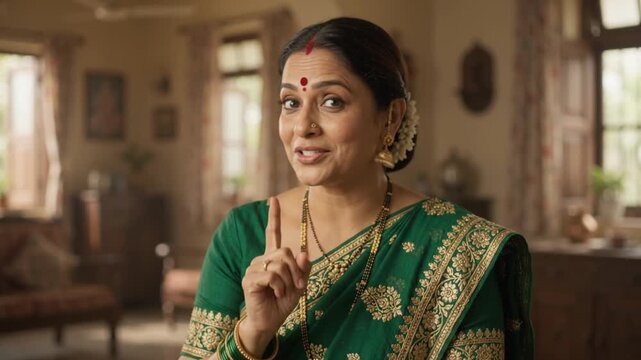 Indian aunties gesturing and talking in traditional green saree
