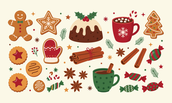 Christmas festive food and drink collection with gingerbread cookies, cinnamon sticks, hot cocoa, and holiday sweets