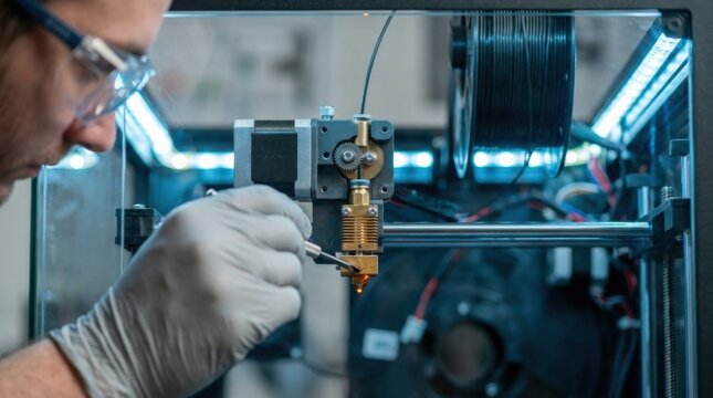 Machine operator in protective eyewear calibrating brass heated nozzle and direct drive extruder on enclosed high speed carbon fiber 3D printer.