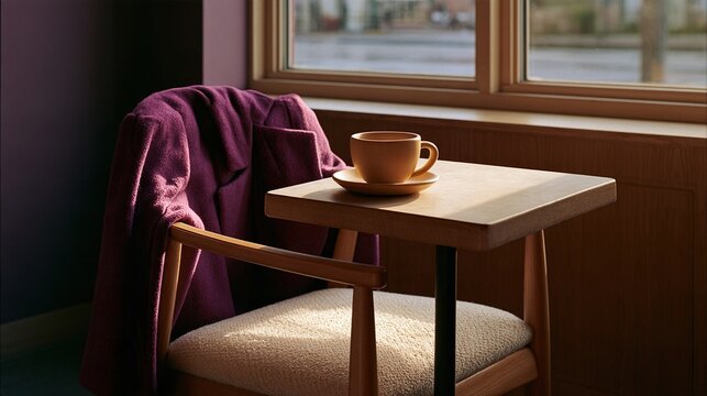 Single cup of coffee on small table by window creates quiet, warm moment in sunlit room with empty chair
