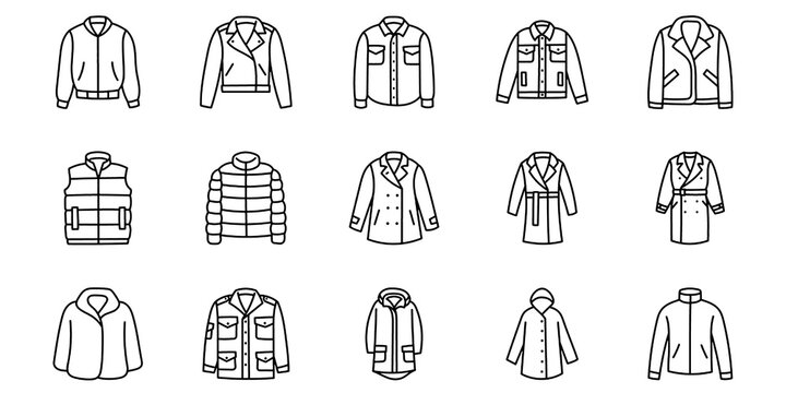 Winter Jackets and Outerwear Line Icons Set. Coat, Jacket, Raincoat, Suit, Denim, Leather, Fleece and Waterproof Clothing Vector Illustration Collection.
