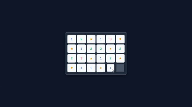 Minimalist digital logic puzzle game interface animation featuring a grid of interactive tiles being clicked to reveal numbers and colorful geometric symbols on a clean dark background