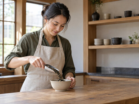 Fictional food worker performing one readable preparation step in a qu
