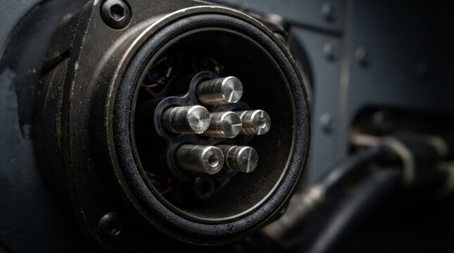 Closeup macro of silver-plated copper power pins inside a weather-sealed high-current aircraft charging socket with elastomeric seals.