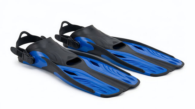 Blue Swimming Fins Isolated on White Background, Professional Diving Flippers for Snorkeling, Scuba Diving, Swimming Training, Underwater Exploration and Water Sports Equipment Product Photography