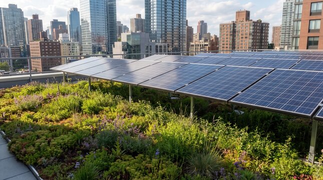 Solar panels installed over a lush green roof garden with city skyscraper skyline, capturing sustainable urban development and renewable energy for ESG reports and green architecture marketing.