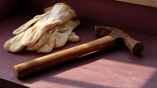 Wooden handled hammer and work glove on dusty surface, with worn metal head and soft fabric showing age and use