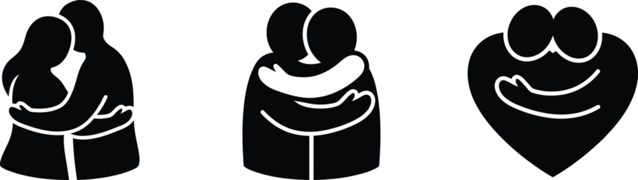Three variations of human couple hugging symbols represented in flat graphic design