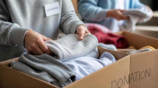 Dedicated individuals thoughtfully organize apparel and garments into cardboard containers for benevolent distribution, demonstrating compassion and a commitment to aiding others in need