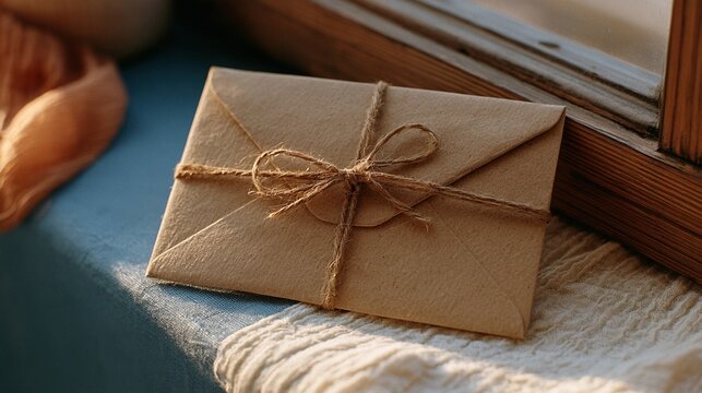Envelope tied with twine on windowsill in soft morning light evokes warm, thoughtful message resting beside textured cloth