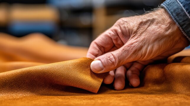 Closeup medium shot of leatherworker inspecting soft finish chrome tanned leather showcasing subtle sheen and refined surface.