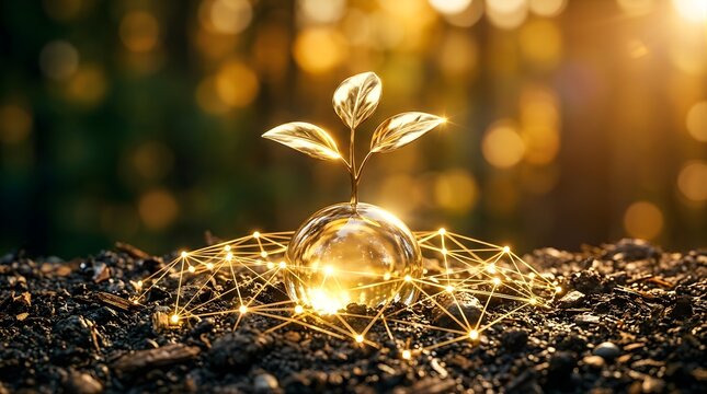 Golden sprout growing from a glowing glass sphere with digital network connections on dark soil, symbolizing sustainable technology, green investment, environmental innovation, and future growth.