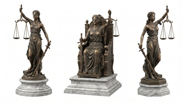 Three bronze statues of lady justice, two standing figures holding scales and swords, and one seated figure on a throne, on marble bases