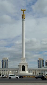 Astana cityscape with Qazaq Eli independence monument in Kazakhstan