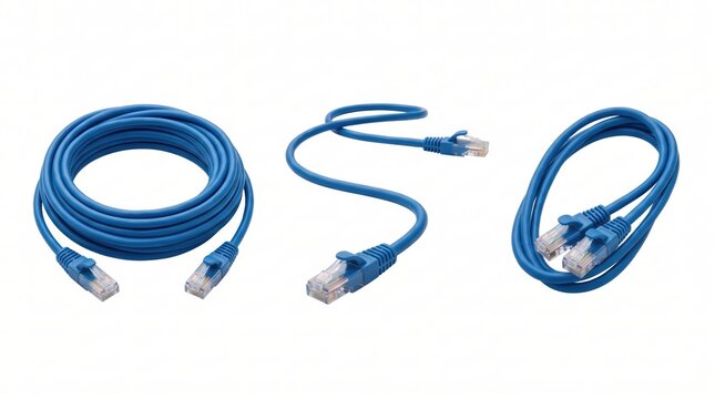 Three blue ethernet patch cables with rj45 connectors arranged in different loop configurations on a white background