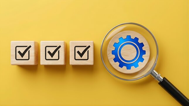 Magnifying glass focusing on a blue gear icon next to wooden blocks with checkmarks on a yellow background, representing industrial process optimization, quality control, and system maintenance.