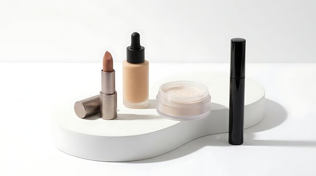 Collection of various makeup beauty products including lipstick and liquid foundation bottle. high-end makeup sale