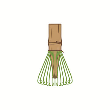 A detailed illustration of a traditional bamboo matcha whisk used for tea ceremonies.