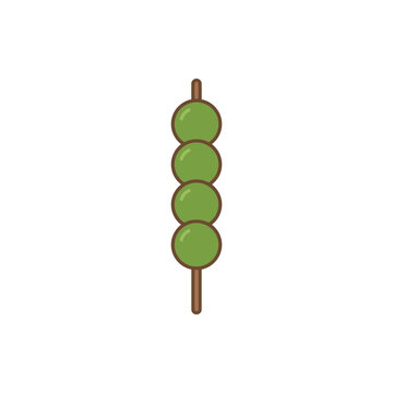 A simple vector illustration of four green dango dumplings on a wooden skewer.