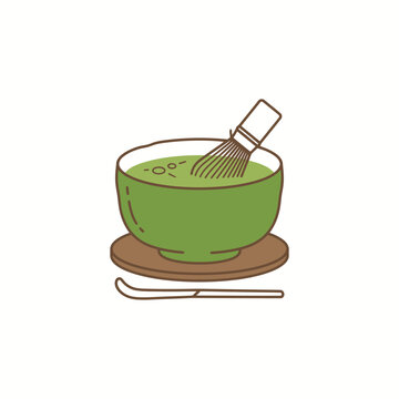 A hand drawn illustration of a bowl of matcha tea with a bamboo whisk and scoop.