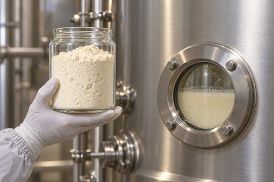 Fermentation tank in laboratory food technology shows powdered ingredient held by gloved hand near stainless steel equipment window