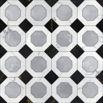 Seamless Octagon Marble Floor Tile Texture with Grey Inset and Black Squares