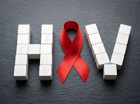 Hiv awareness concept with wooden blocks and a red ribbon on a slate background