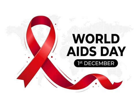 Red ribbon awareness symbol with world aids day text on a dotted background
