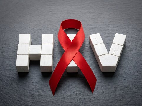 Hiv awareness concept with building blocks and a red ribbon on a dark slate background