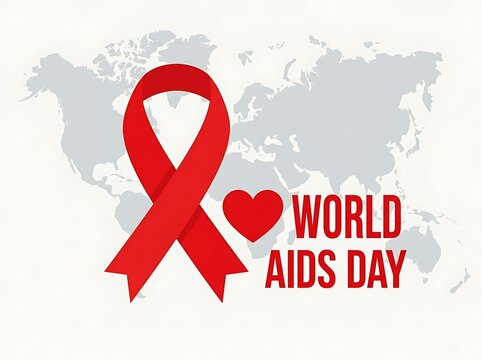 Red ribbon awareness symbol with world map and heart for world aids day campaign