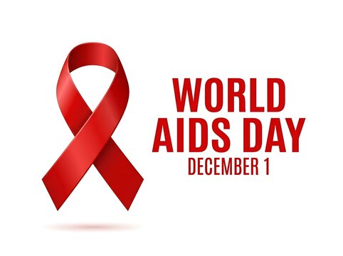 Red ribbon symbol for world aids day awareness with text on a white background