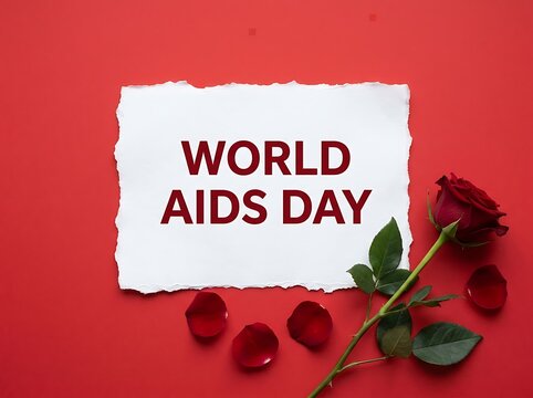 World Aids Day awareness message on torn paper with a red rose on a red background