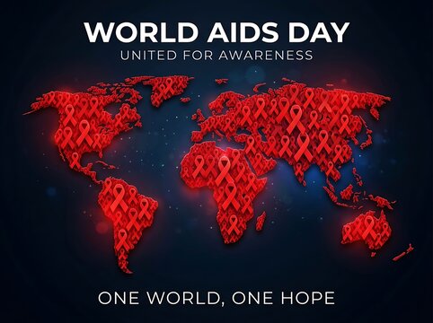 World aids day awareness ribbon map illustration with red ribbons and global unity concept