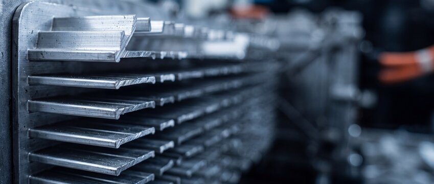 Silver aluminum heat sink with many fins for efficient cooling in electronic devices.