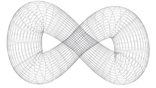 Abstract parametric infinity symbol made of black grid lines isolated on white. 4K seamless loop motion graphics.