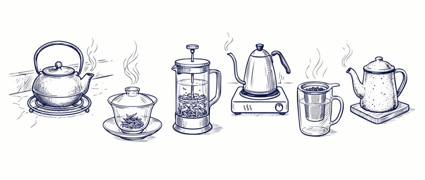 Tea brewing kettle teapot illustration set of vintage hand drawn tea and coffee maker accessories including french press, gaiwan, gooseneck kettle, strainer mug, sketch line art on a white background.