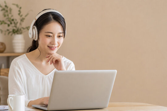 ヘッドフォンをしてノートパソコンで勉強する女性