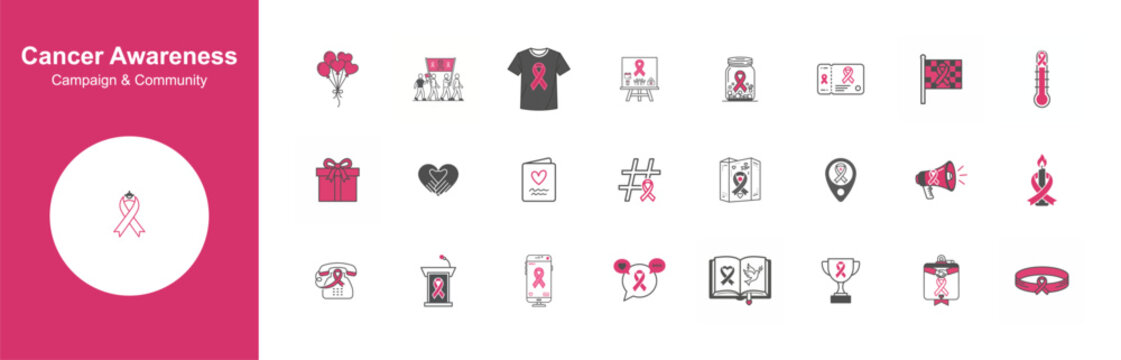 A comprehensive collection of twenty four flat vector icons representing cancer awareness themes including medical symbols ribbons support and community engagement elements.
