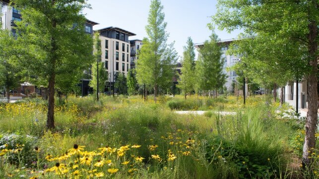 Medium shot of mixeduse green space blending recreation and conservation emphasizing urban buffer zone benefits.
